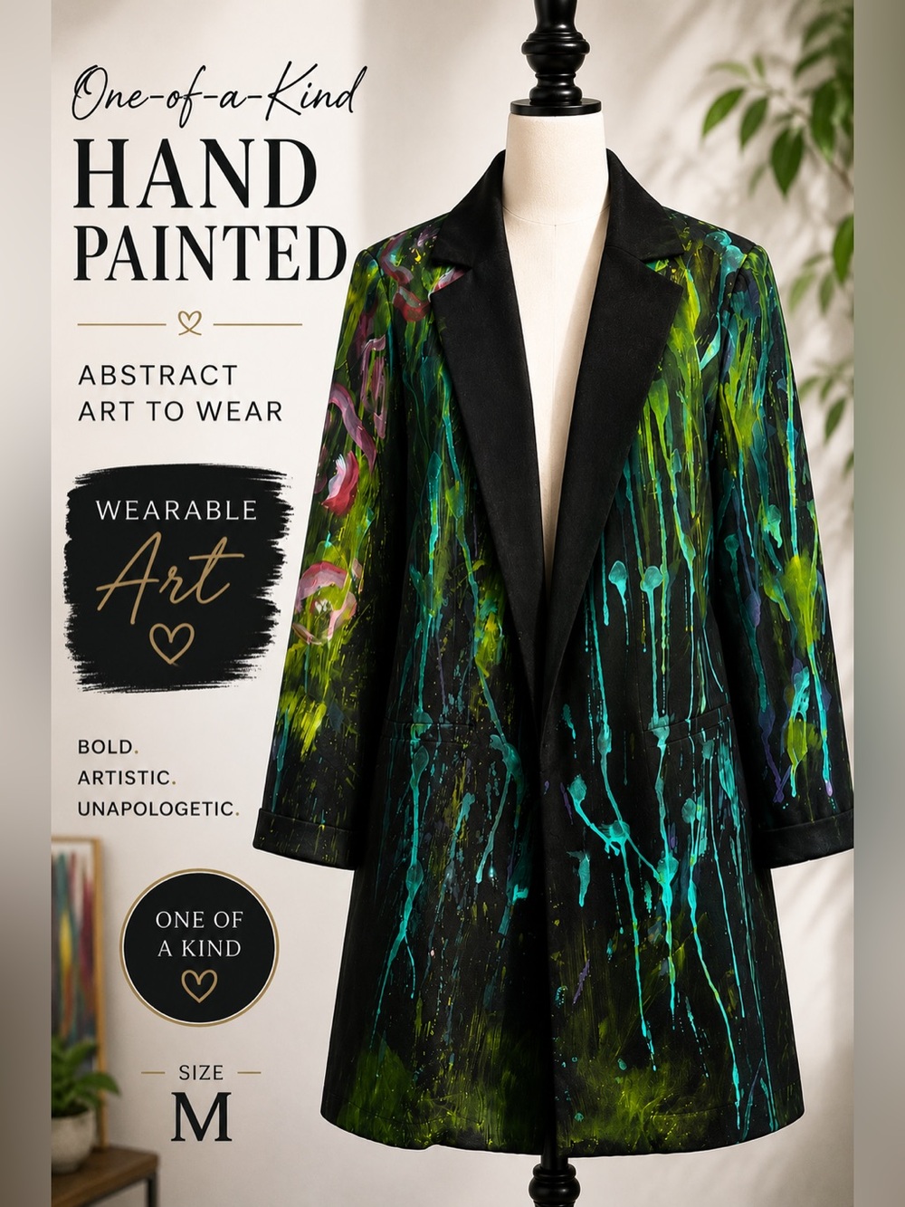 1 of a kind Hand Painted Abstract Art Longline Blazer Jacket Wearable Art M